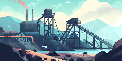 Industrial Landscape with Factory and Machinery Against Mountainous Background and River in a Modern Geometric Style