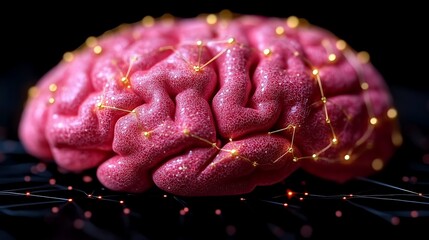 Pink brain model, glowing neural connections