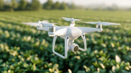 A white quadcopter drone hovers above a vibrant green agricultural field under natural daylight conditions