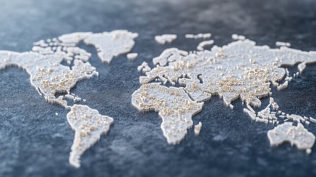 Three dimensional white world map with detailed urban structures across continents on a dark textured surface