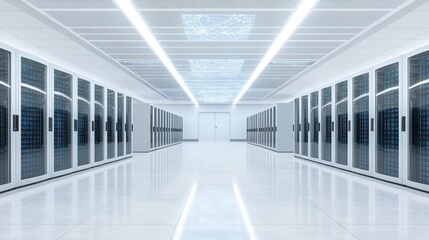Brightly lit modern data center corridor with long rows of server racks displaying blue operational lights
