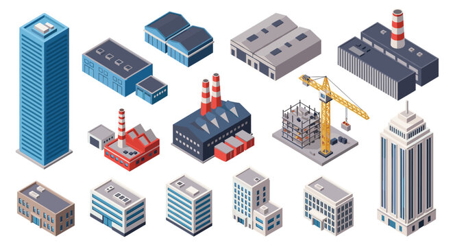 A diverse collection of isometric architectural building illustrations.
