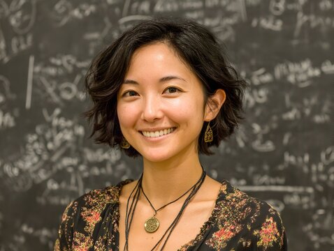 Smiling young woman with dark hair stands in front of a blackboard covered in mathematical equations.