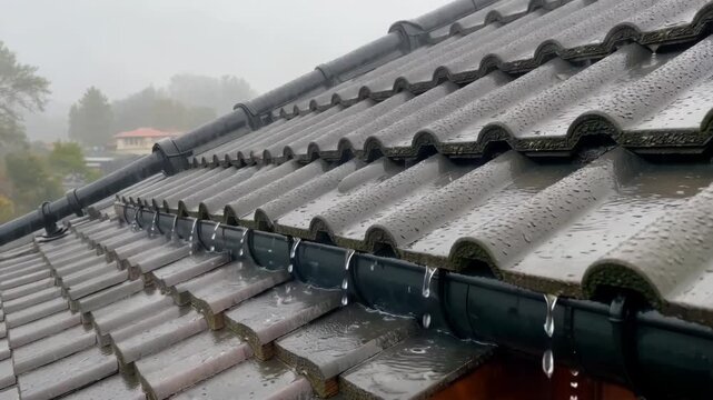 arafed roof with rain running down the guts and gutters
