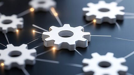 White 3D metallic gears connected by glowing lines on a dark blue grey background Sharp focus on a central gear
