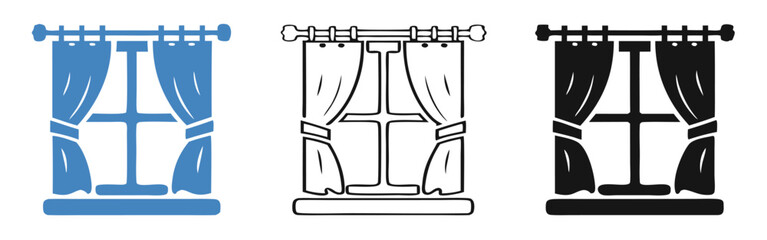 Window Frame with Drapes Stylized Black,blue and White Home Decor Illustration or Symbol  
