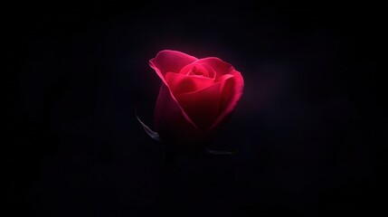 Fototapeta premium A single vibrant red rosebud with delicate petals illuminated against a dramatic dark black background
