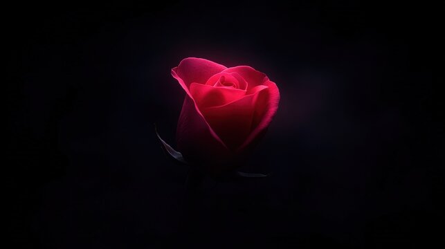 A single vibrant red rosebud with delicate petals illuminated against a dramatic dark black background