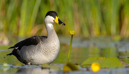 Obraz premium Duck standing in water with lily pads and grass, in sunlight