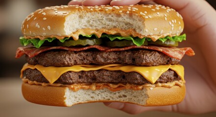 Delicious double cheeseburger held in hand