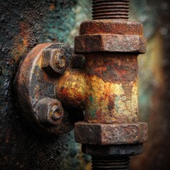 Heavily Rusted Industrial Pipe Fitting with Bolts and Threads, Close-Up Detail.