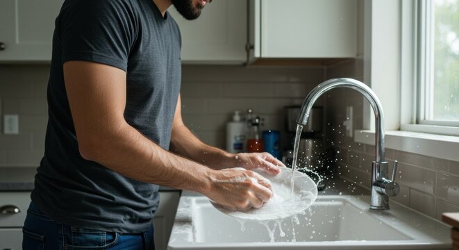Washing dishes at home kitchen sink indoor lifestyle cleanliness domestic routine
