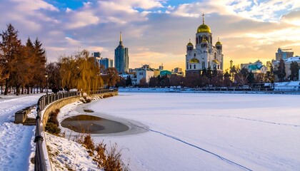 Frozen cityscape scene at sunset, featuring a grand white cathedral with golden domes, beside a partially frozen lake and parkland