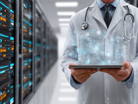 A medical professional analyzes data on a tablet surrounded by digital information in a server room.