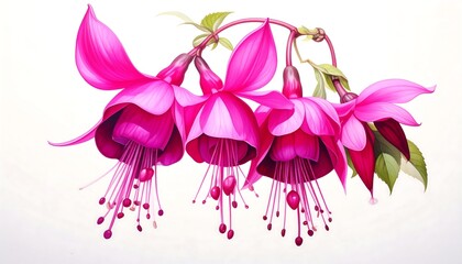 Vibrant pink flowers with delicate stamens against a white backdrop