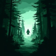 Green forest path with hooded figure