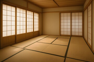 Traditional Japanese tatami room interior with shoji screens. Perfect for cultural, architectural, and design concepts.
