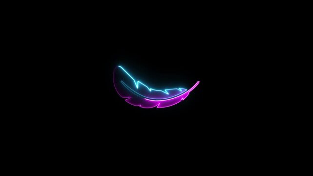 Glowing Neon line feathers icon animation. Chicken feather concept on black background 4k video