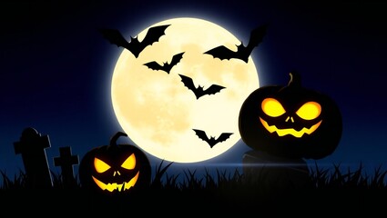Spooky halloween night with glowing jack o lanterns and bats flying in front of full moon