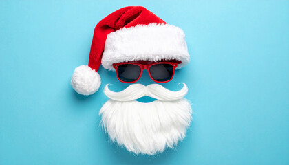 Santa's Stylish Facade: A cheerful arrangement of Santa's iconic hat, sunglasses, and beard creating a festive and modern take on holiday cheer, symbolizing cool Christmas joy.