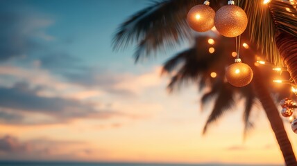 Tropical christmas holiday celebration featuring golden ornaments and twinkling lights on palm tree against serene sunset sky