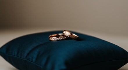Elegant wedding rings displayed on a plush pillow romantic setting soft focus