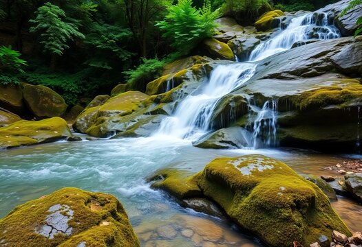Crystal-clear waterfall cascading over mossy rocks, lush green forest backdrop,  river,  energy