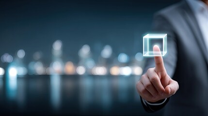 Businessman Touching Hologram Cube Interface with Cityscape Background in Cinematic Lighting