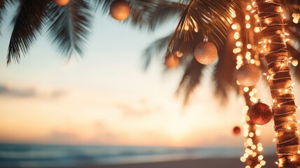 Tropical christmas holiday celebration on golden sunset beach with festive palm trees adorned with sparkling lights and shimmering ornaments creating serene island paradise.