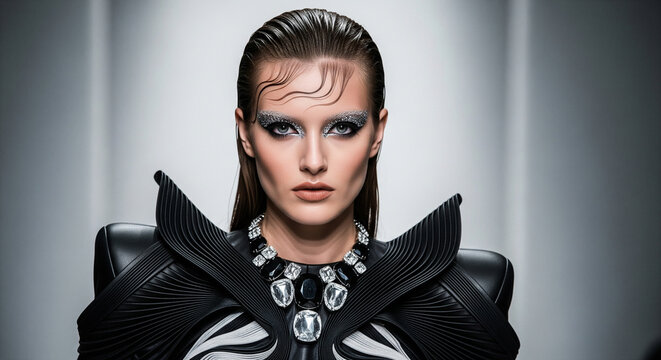 A powerful portrait of a beautiful fashion model in a futuristic avant-garde outfit, showcasing AI-inspired sculptural design and bold metallic cosmetics