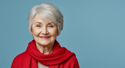 A portrait of a mature woman with short grey hair and a red scarf smiling warmly against a blue background with copy space on the right.