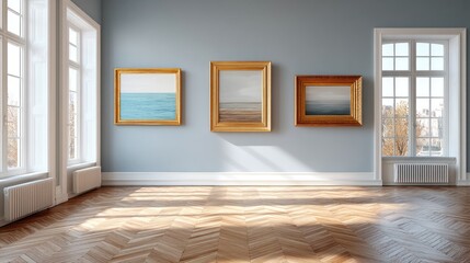 Sunlit Room with Golden Framed Landscape Paintings and Parquet Floor and White Doorways Minimalist and Clean Interior Design