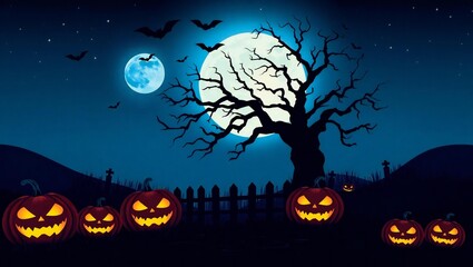 Fototapeta premium Spooky halloween night with carved pumpkins and full moon