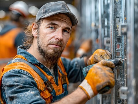 Focused construction worker in workwear using power drill on metal frame at job site looks at the viewer.