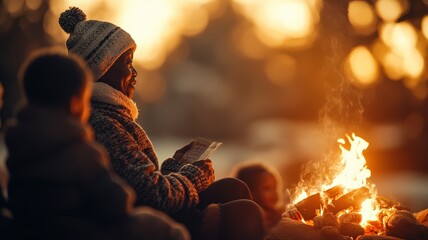 Africanamerican woman enjoys festive winter campfire gathering, smiling and reading story by warm glow, creating cozy and relaxing atmosphere for connection.