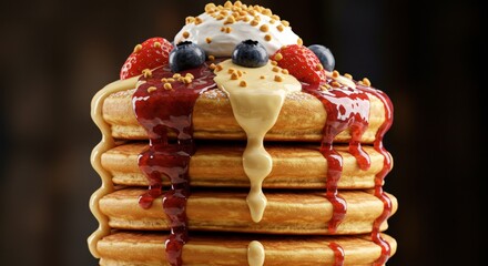 Delicious stacked pancakes with berries and cream