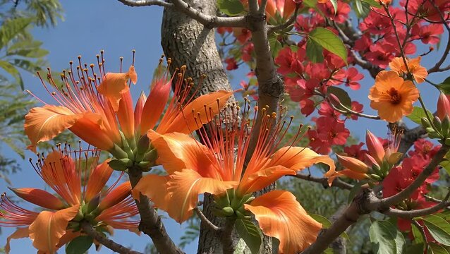 Vivid Orange Royal Poinciana Flowers in Full Bloom Against Clear Blue Sky