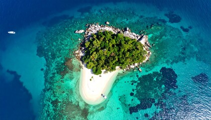 A serene, tropical island paradise with a pristine white sand beach, surrounded by vibrant turquoise waters.