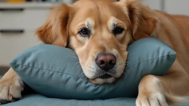 detailed close-up portrait of melancholic or fatigued golden retriever canine resting its head upon cyan cushion