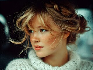 A young woman with blonde hair and blue eyes gazes thoughtfully out a rainy window in soft focus portrait.