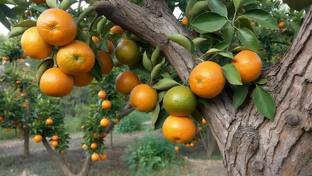 Detailed Close-Up Shot of Ripe Citrus Fruits Hanging from the Branches of Tree in Orchard
