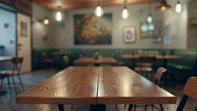 Three-Dimensional Rendered Extreme Close-Up Of Empty Wooden Tabletop With Blurred Restaurant Interior In The Background