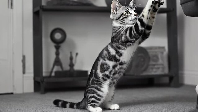 feline with contrasting dark and light patterned fur is erect on its posterior limbs swatting with its forepaw towards item outside the frame of view