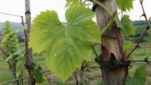 Detailed Close-Up Photograph of Newly Sprouted Grapevine Foliage in Viticulture Estate During Early Season
