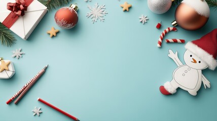 Festive christmas holiday flat lay composition featuring gifts, ornaments, snowman, and snowflakes on blue background, perfect for seasonal marketing and greeting cards.