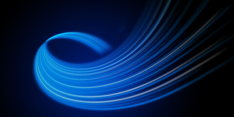 Digital representation of light trails or motion blur. A series of vibrant blue and white glowing lines form a dynamic, swirling curve that loops back on itself before extending
