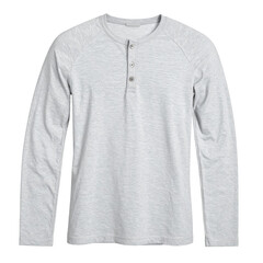 Fototapeta premium A light gray, long-sleeved, crew-neck, button-down t-shirt is presented against a solid black background.