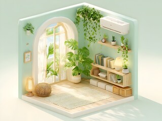 A cozy miniature room displays plants, a window, and bookshelf in an isometric, pastel green interior.