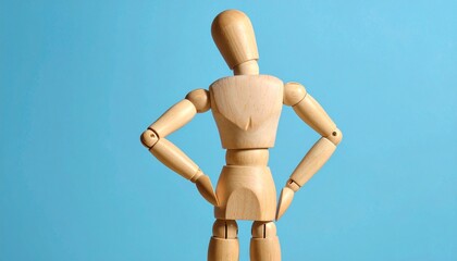 Wooden mannequin—posed with hand on hip, back turned against light blue—evokes crafted posture, symbolic introspection, and the rhythm of silent expression and articulated presence.