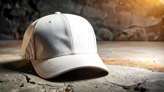 White Baseball Cap Resting on Cracked Concrete Surface in Warm Lighting